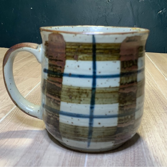 MCM Glazed Speckled Stoneware Mug Japan Coffee Tea Plaid Brown Blue - Picture 1 of 10